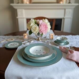Lenox Kingsley X-445 Elegant Floral 6 PC Dinnerware Set in Teal and White
